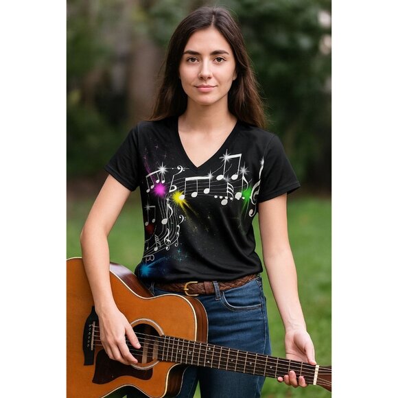 Womens Music Notes Graphic Tee Size XXL Black Rainbow Print V Neck Shirt Top - Picture 8 of 8
